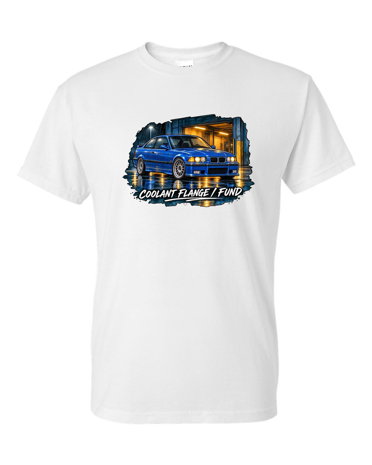 Comic halftone pop-art burnout of a BMW E36 M3 coupe with rear tyres subscription text white t-shirt front view with the design