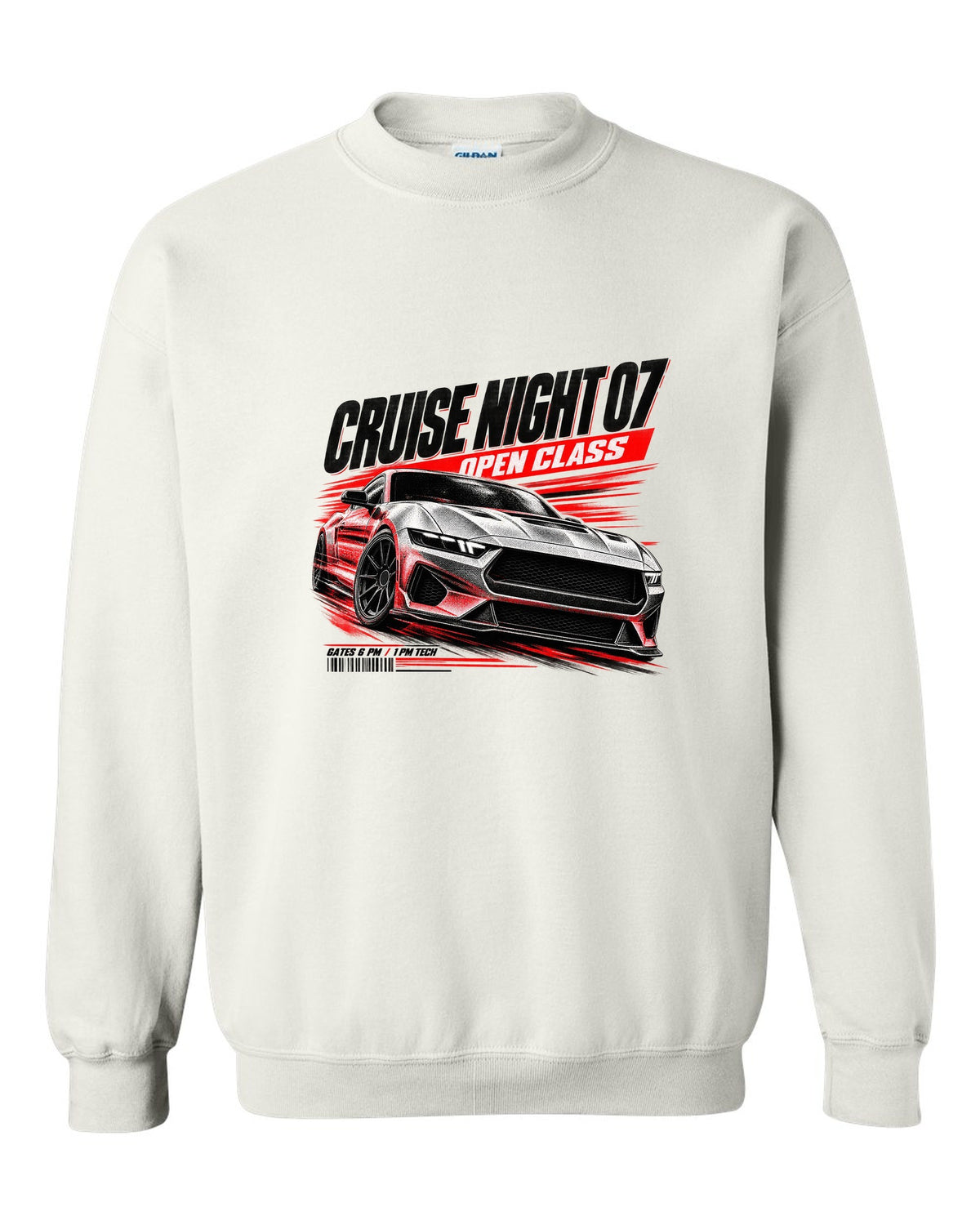 Ford Mustang S650 GT race poster print reading Cruise Night 07 Open Class white crewneck front view with the design