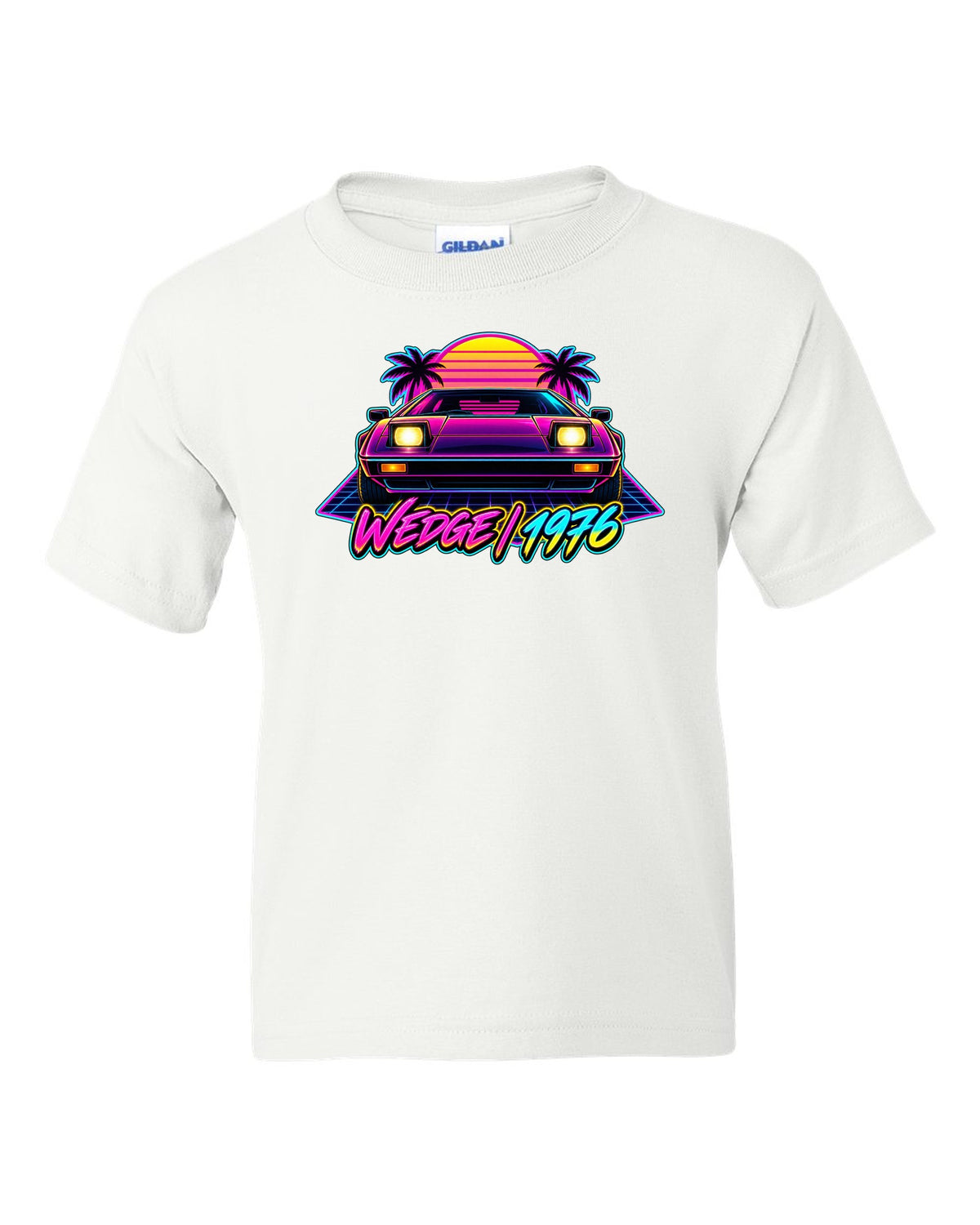 Lotus Esprit 1976 wedge in synthwave neon with WEDGE 1976 lettering white kids tee front view with the design