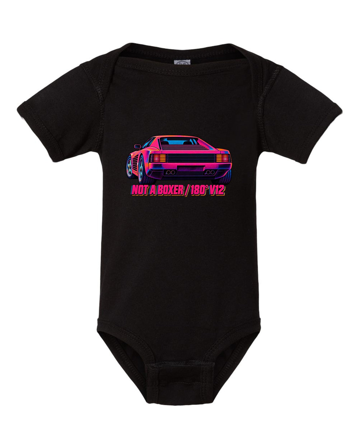 Neon-lit risograph print of the Ferrari Testarossa F110 with the text not a boxer, 180 degree V12 black baby onesie front view with the design