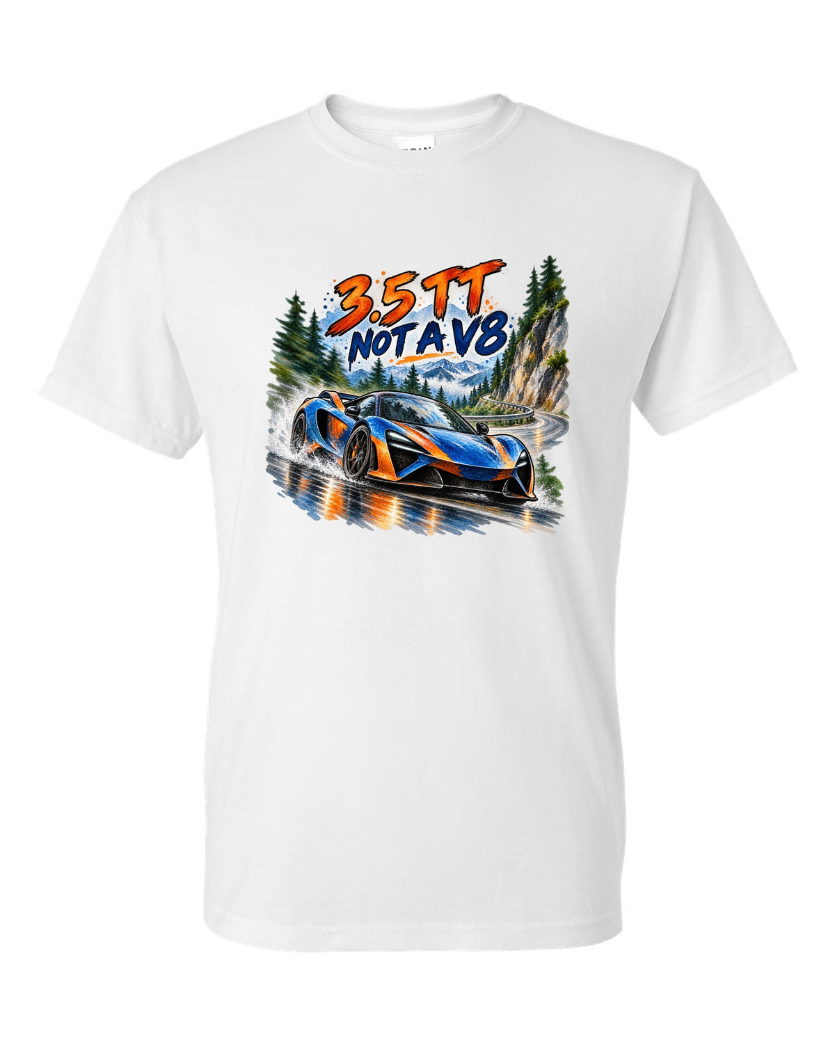 Ford GT 2017-2022 on a hairpin in a watercolour wash print white t-shirt front view with the design