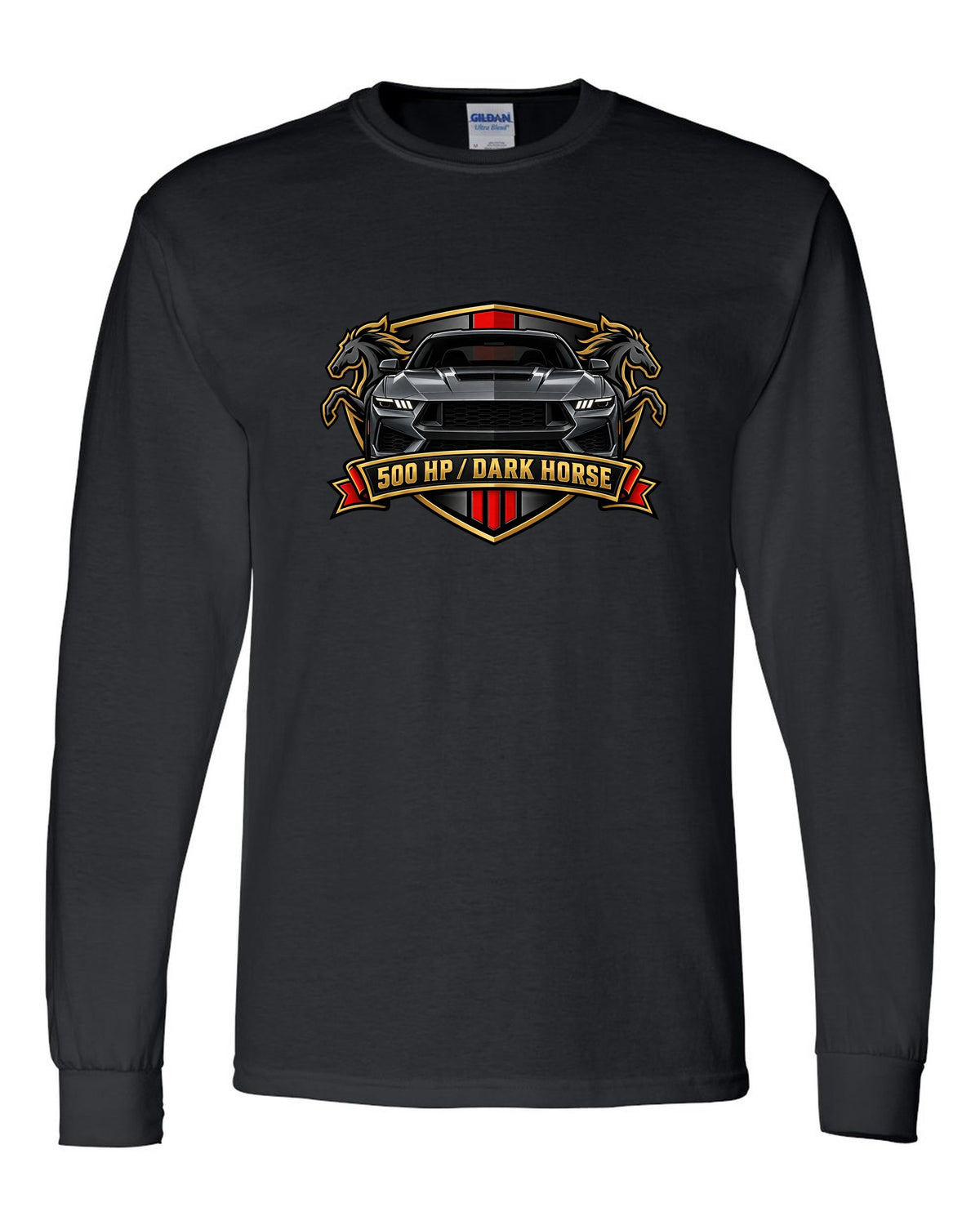 Varsity embroidery-style crest of a 2024 S650 Mustang Dark Horse reading 500 HP black long sleeve front view with the design