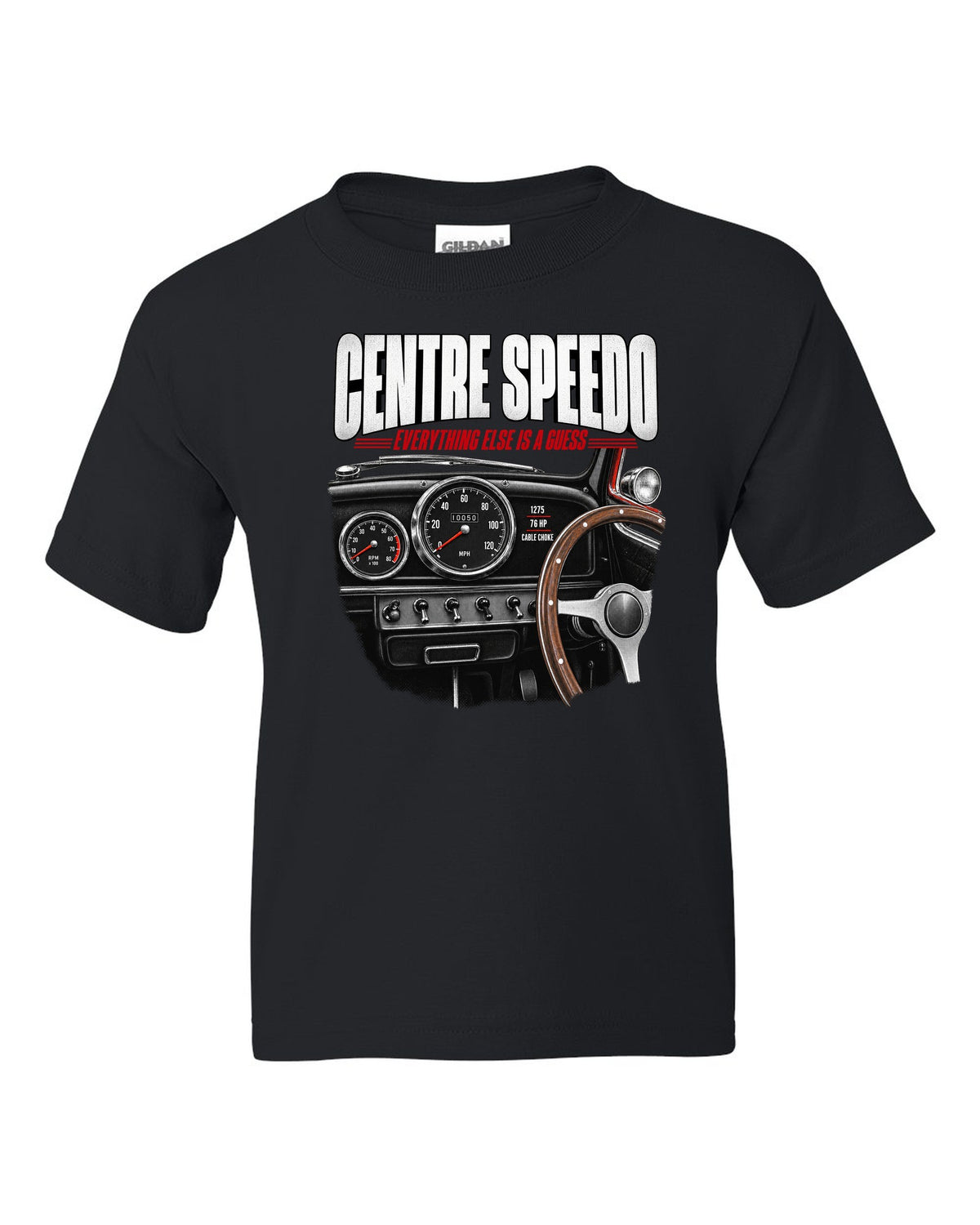 print of the 1967 Classic Mini Cooper S interior with centre speedometer and 1275 spec lettering black kids tee front view with the design