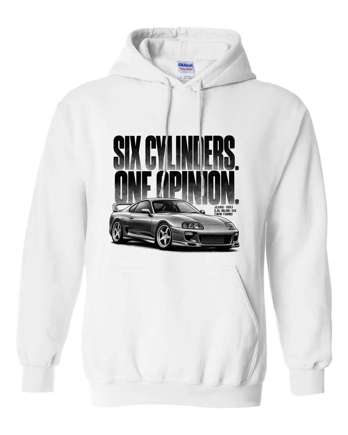 Halftone print of a Toyota Supra A80 JZA80 profile with the text Six Cylinders One Opinion white pull over hoodie front view with the design