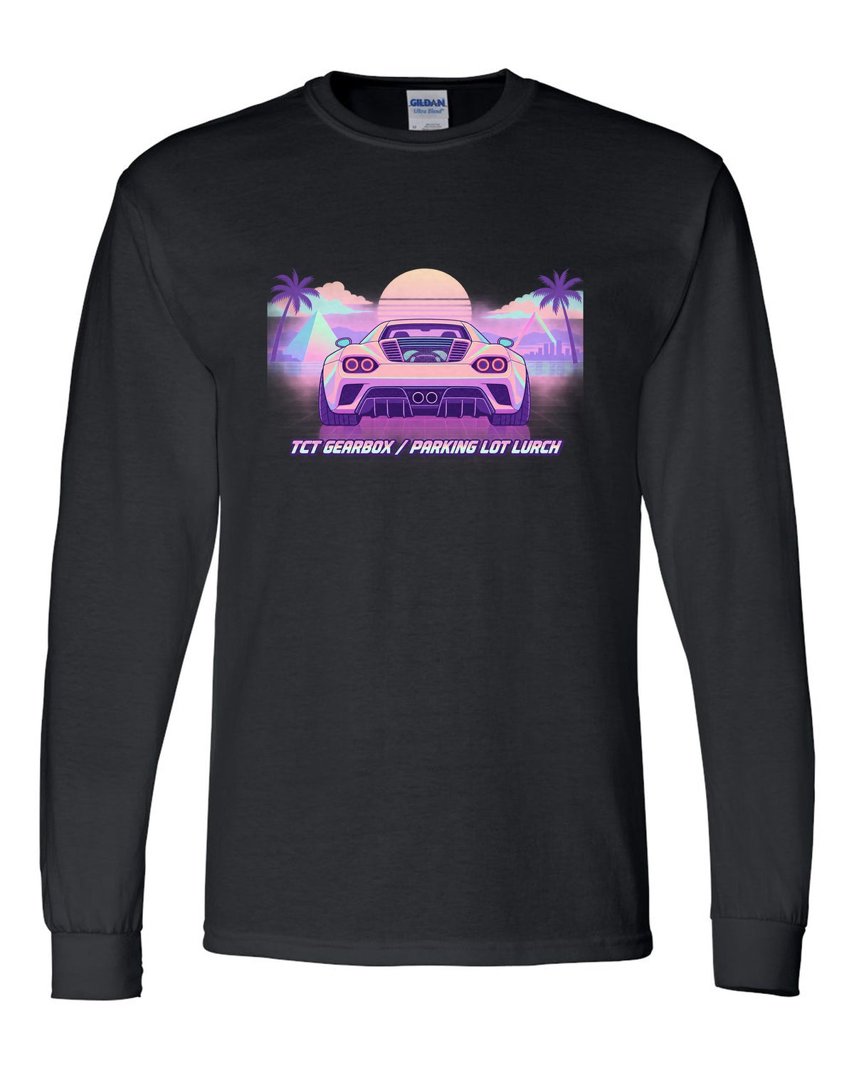 Vaporwave pastel illustration of an Alfa Romeo 4C with TCT gearbox parking lot lurch text black long sleeve front view with the design
