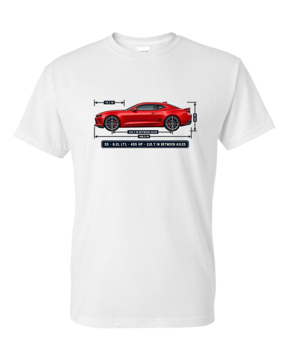 Dimension blueprint print of a 6th generation Chevrolet Camaro SS coupe white t-shirt front view with the design