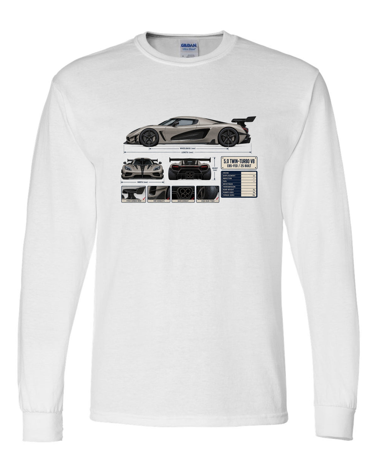 Three-view and spec table print of the Koenigsegg Agera RS with the text 5.0 twin-turbo V8, E85-fed, 25 built white long sleeve front view with the design
