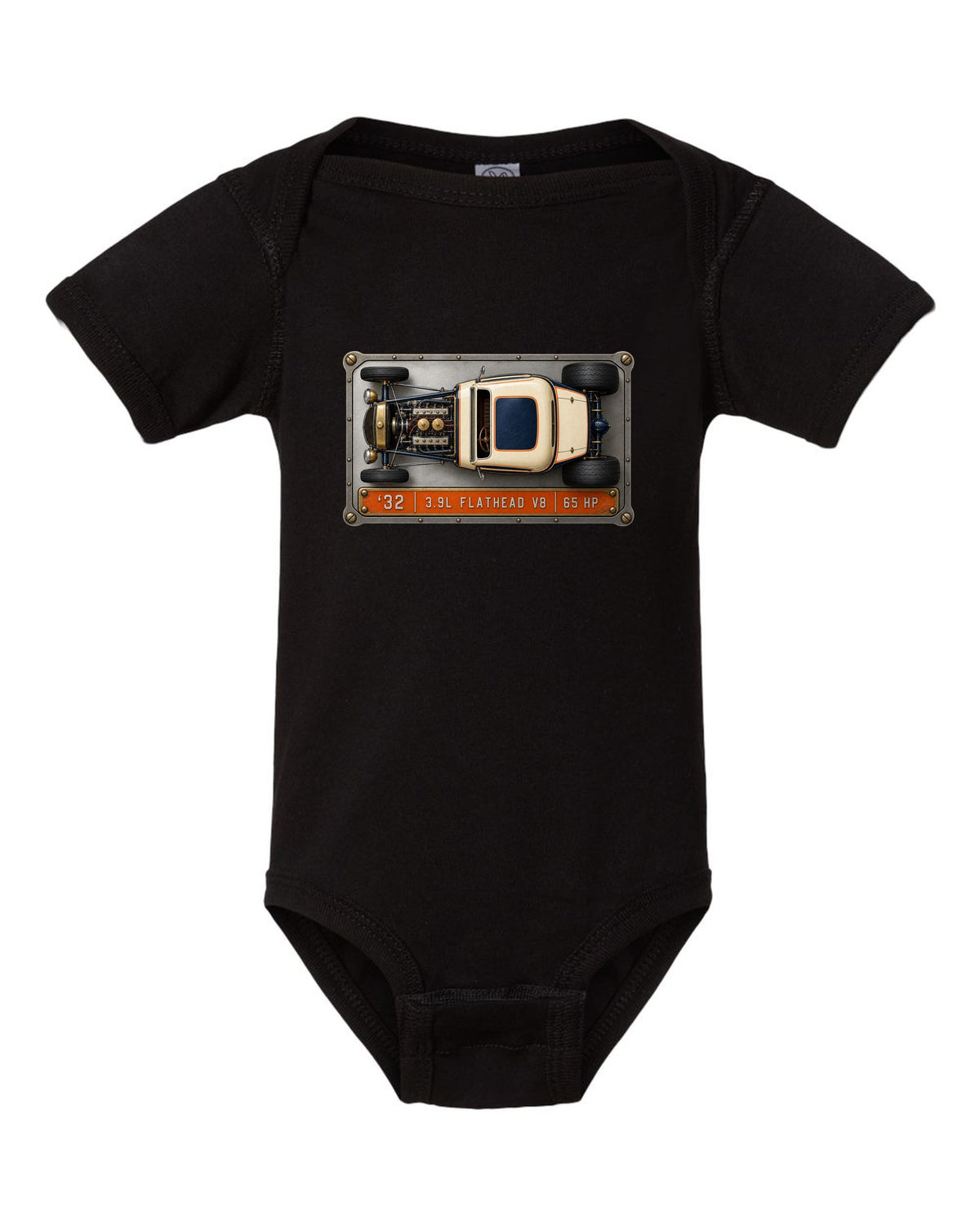 Spec sheet data plate print of a top-down 1932 Ford Deuce coupe with flathead V8 lettering black baby onesie front view with the design