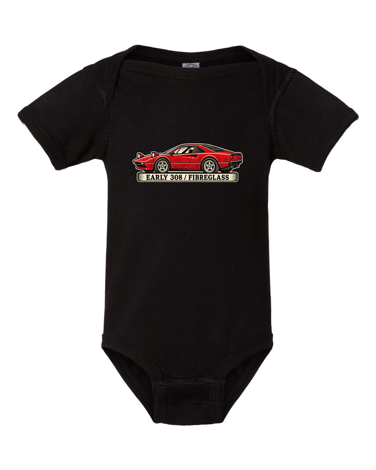 Linocut woodcut style print of an early 1975 Ferrari 308 GTB with the text early 308 fibreglass black baby onesie front view with the design