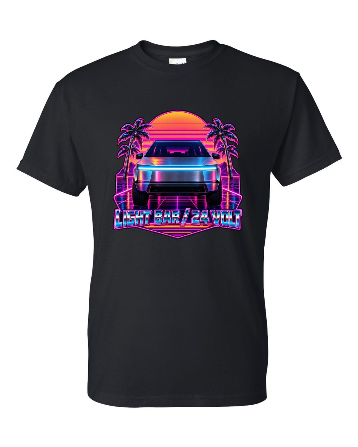 Neon synthwave outrun scene of a 2023 Tesla Cybertruck with the words Light Bar 24 Volt black t-shirt front view with the design