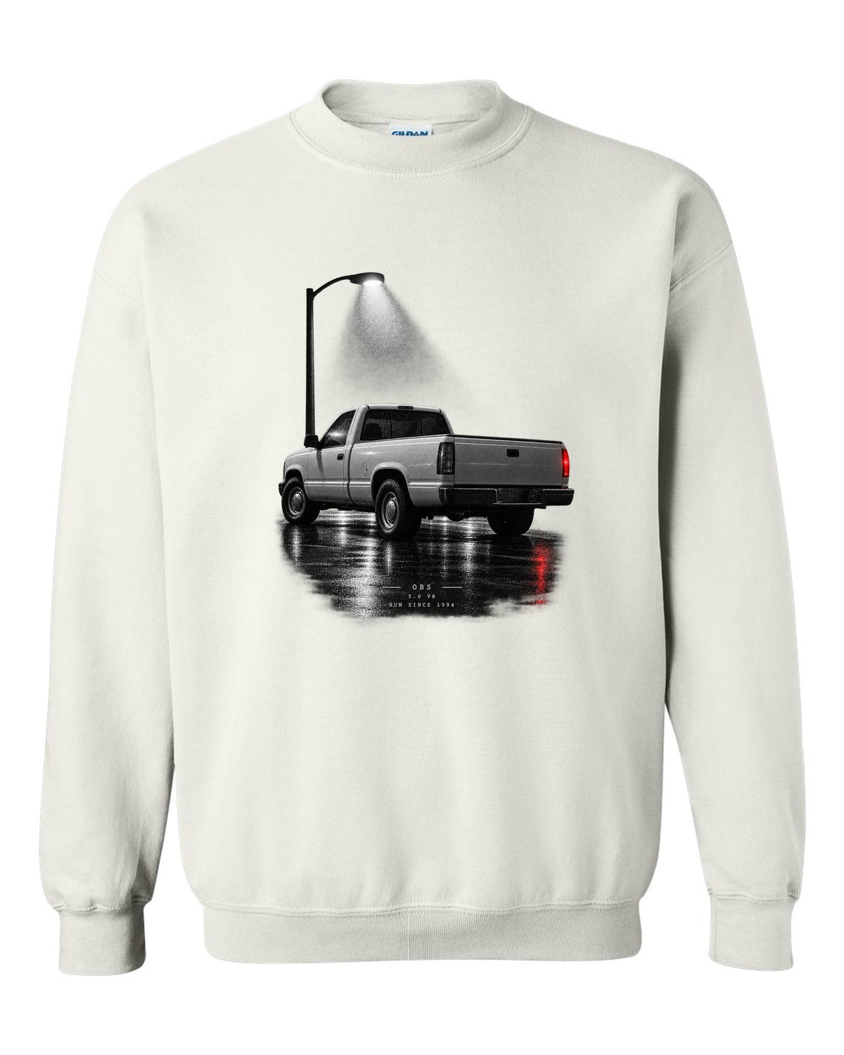 Night garage print of a 1992-97 Ford F-150 OBS truck with 5.0 V8 lettering white crewneck front view with the design
