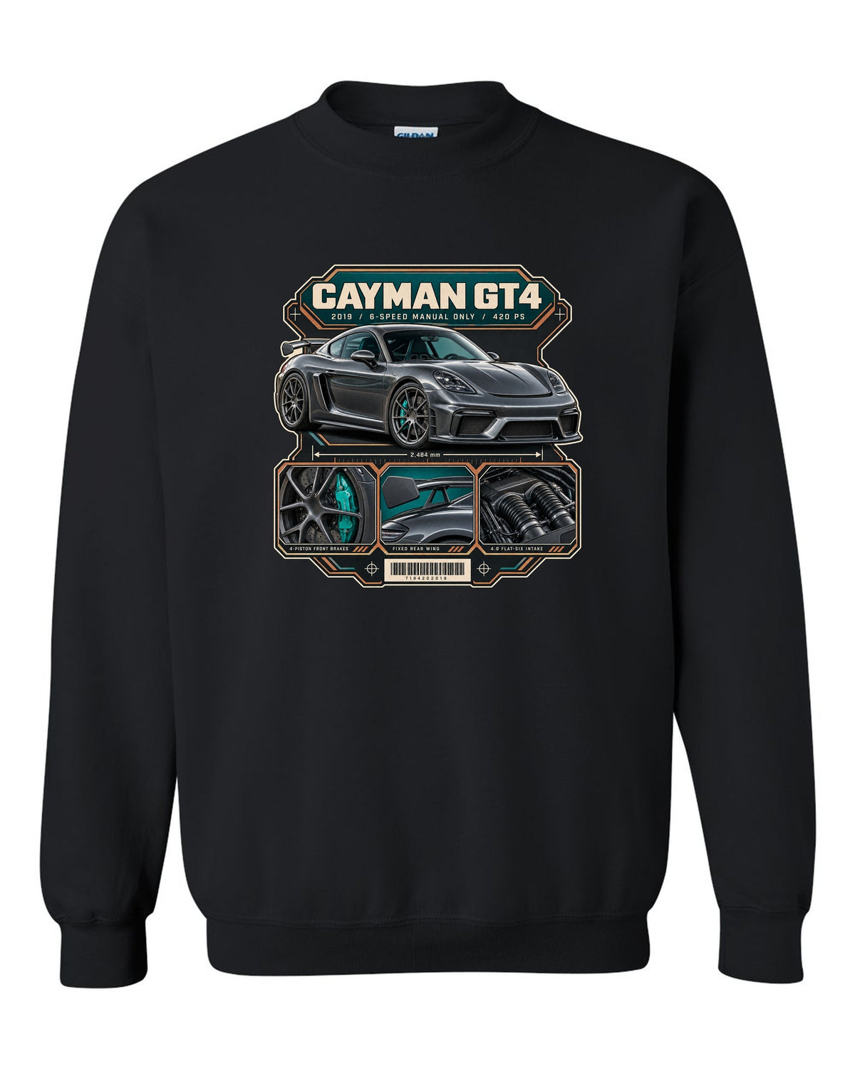 Dossier panel print of a Porsche 718 Cayman GT4 982 black crewneck front view with the design