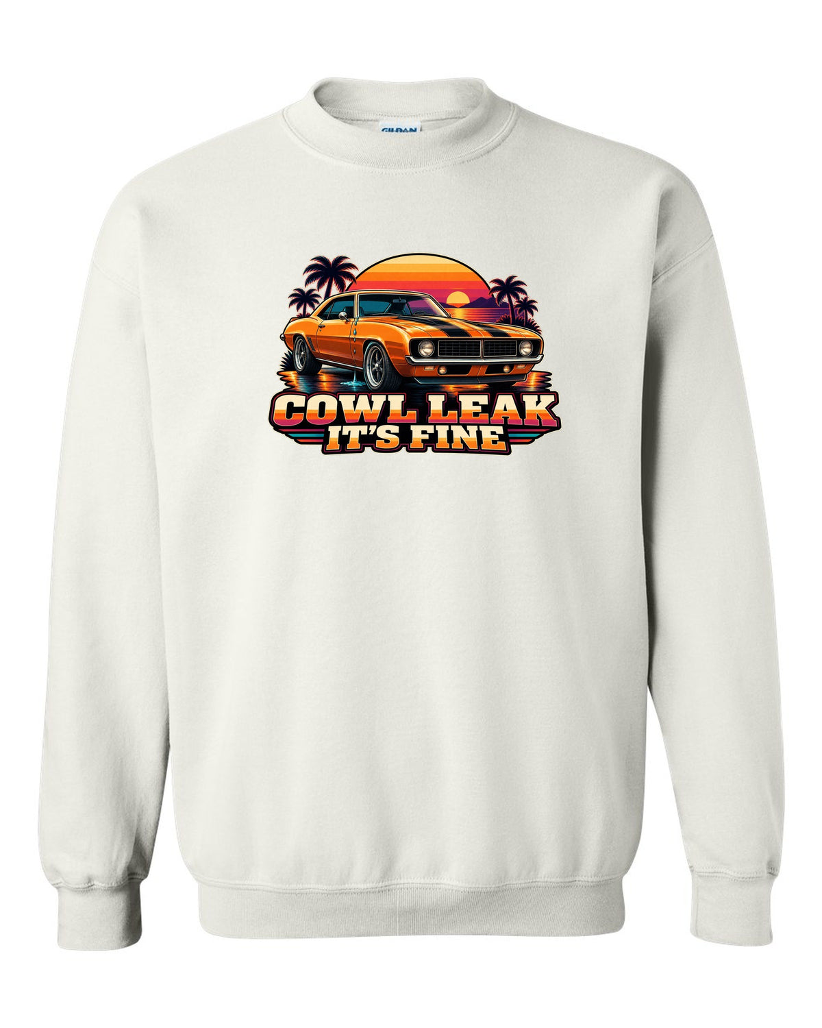 Retro banded sunset illustration of a 1969 Chevrolet Camaro coupe with cowl leak lettering white crewneck front view with the design