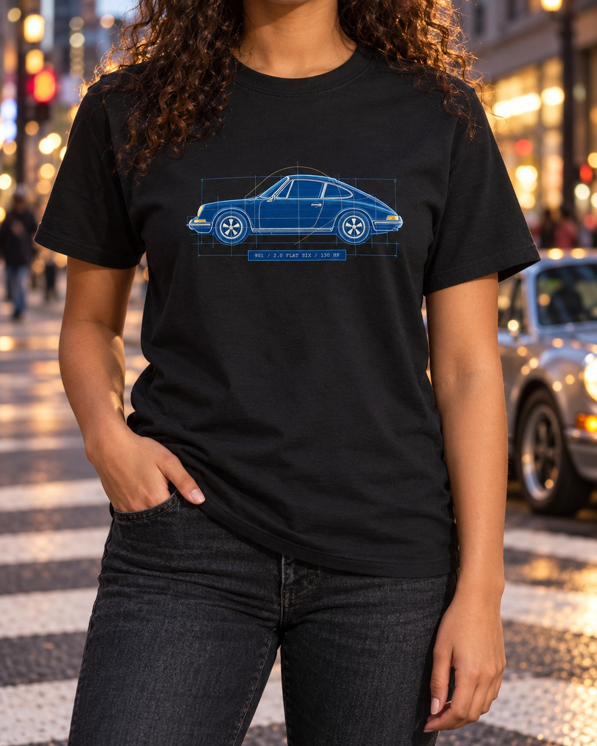 Porsche 911 901 1964 Cyanotype Blueprint Profile Shirt T-Shirt Black worn hero