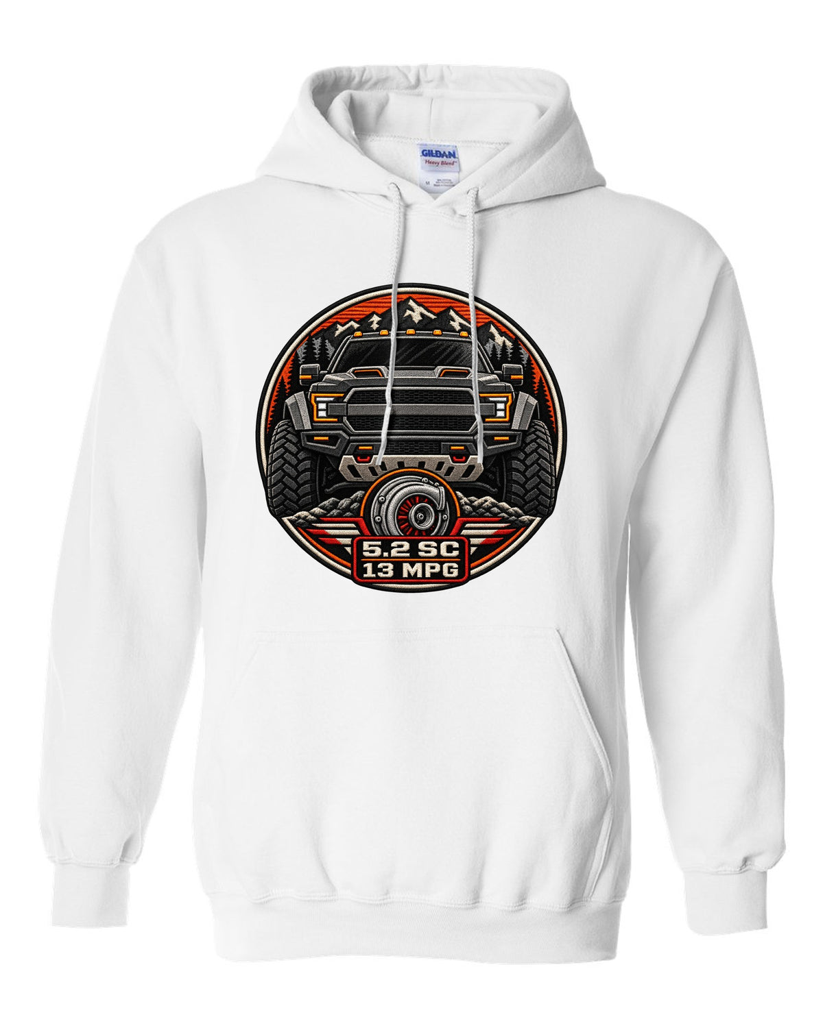Varsity badge crest print of the Ford F-150 Raptor R P702 with 5.2 SC and 13 MPG text white pull over hoodie front view with the design