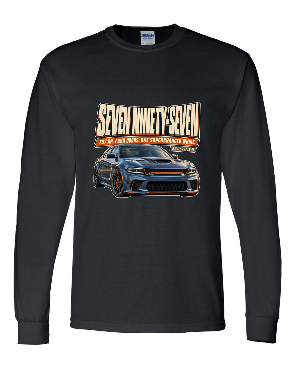 Dodge Charger SRT Hellcat Redeye Widebody editorial headline print black long sleeve front view with the design