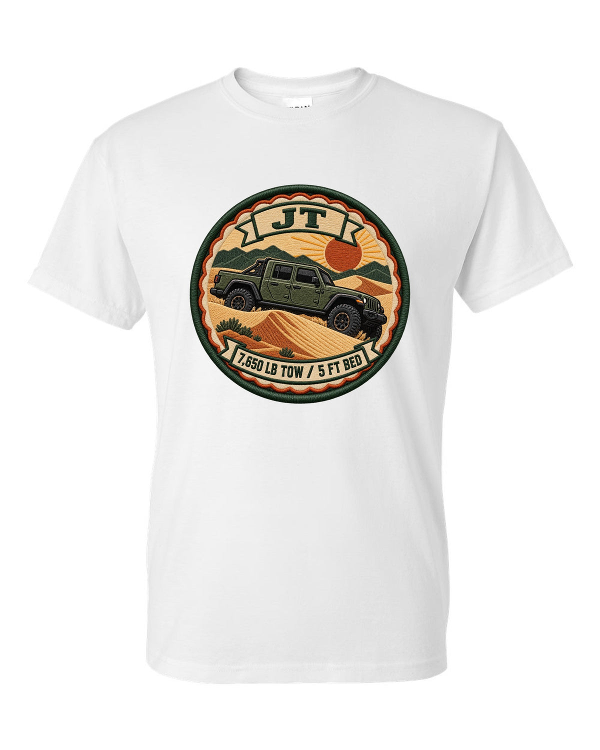Embroidery-style varsity crest print of a Jeep Gladiator JT with tow rating text white t-shirt front view with the design