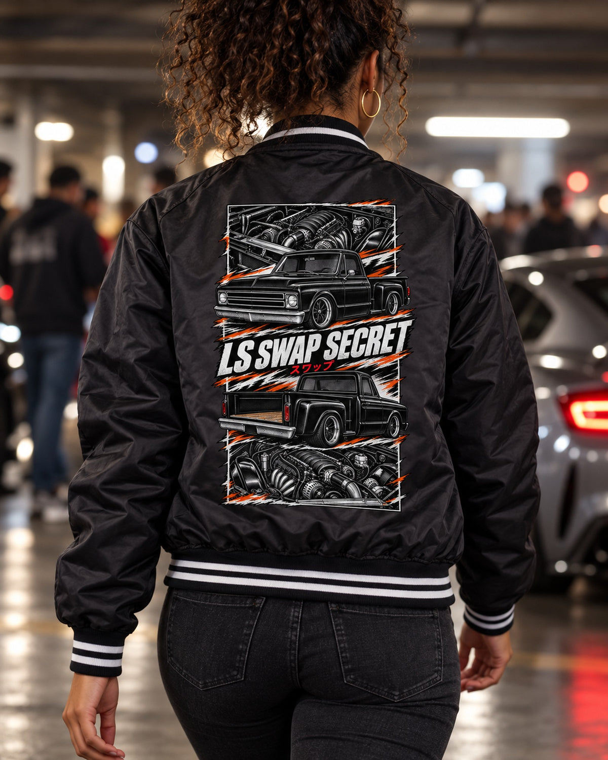 Chevy C10 LS Swap Torn Poster Full-Back Graphic Tee Bomber Jacket Black worn hero