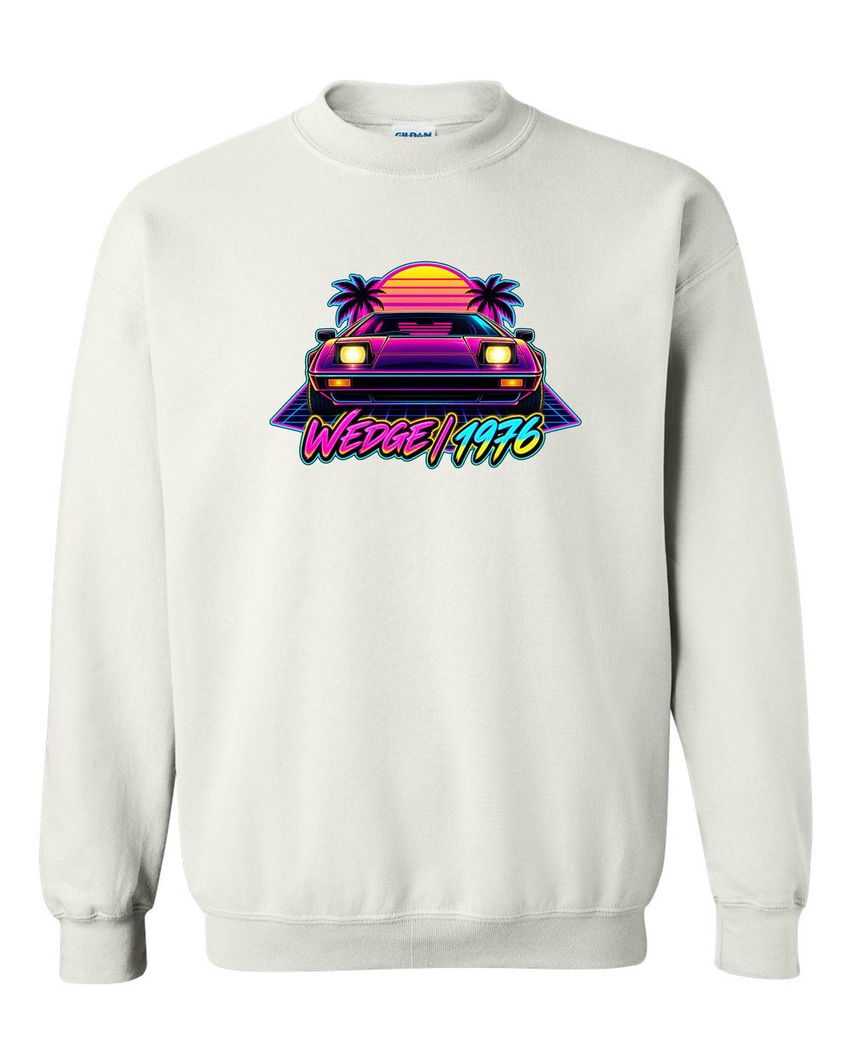 Lotus Esprit 1976 wedge in synthwave neon with WEDGE 1976 lettering white crewneck front view with the design
