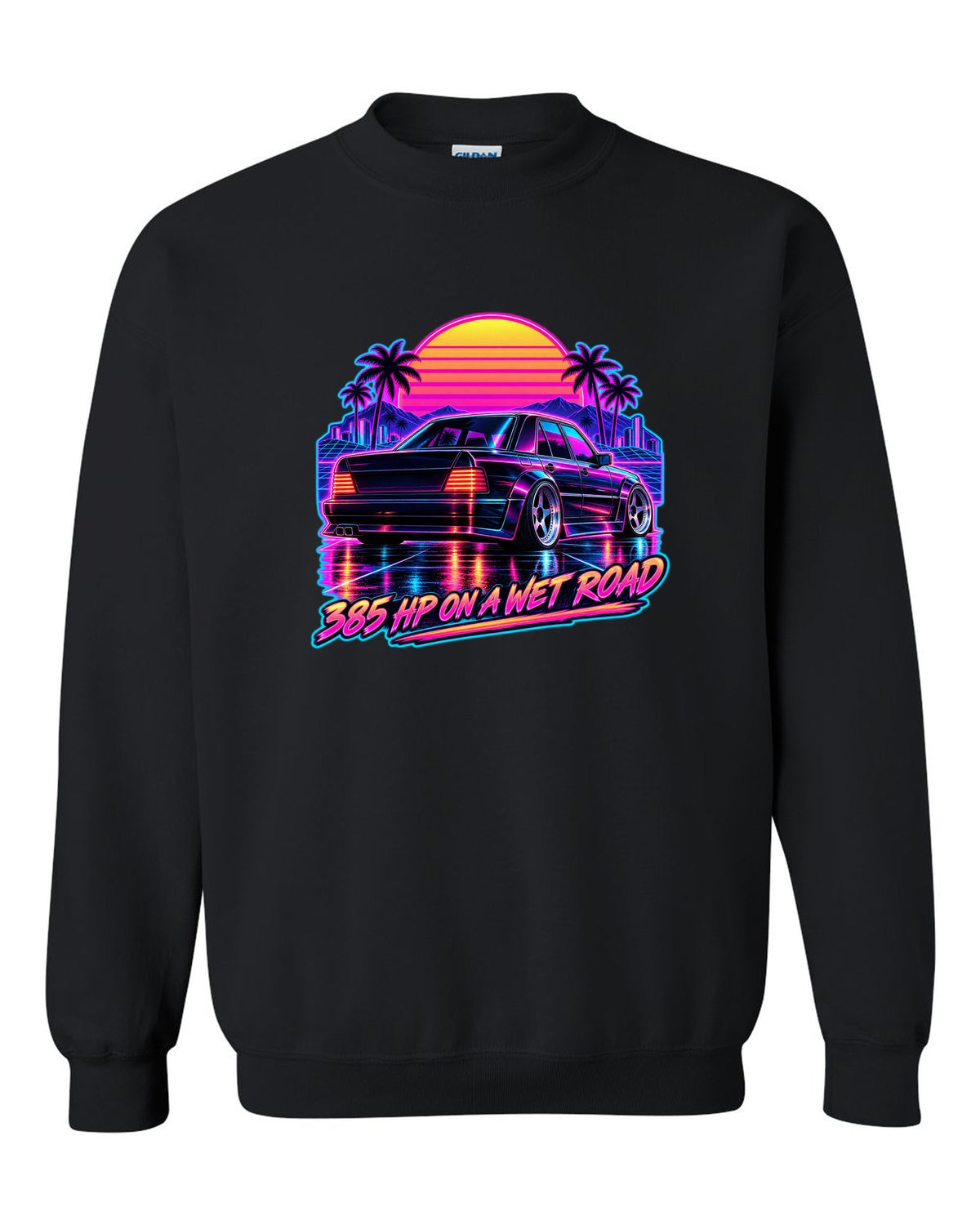 Synthwave outrun print of Mercedes 300E Hammer W124 taillights on a wet road black crewneck front view with the design