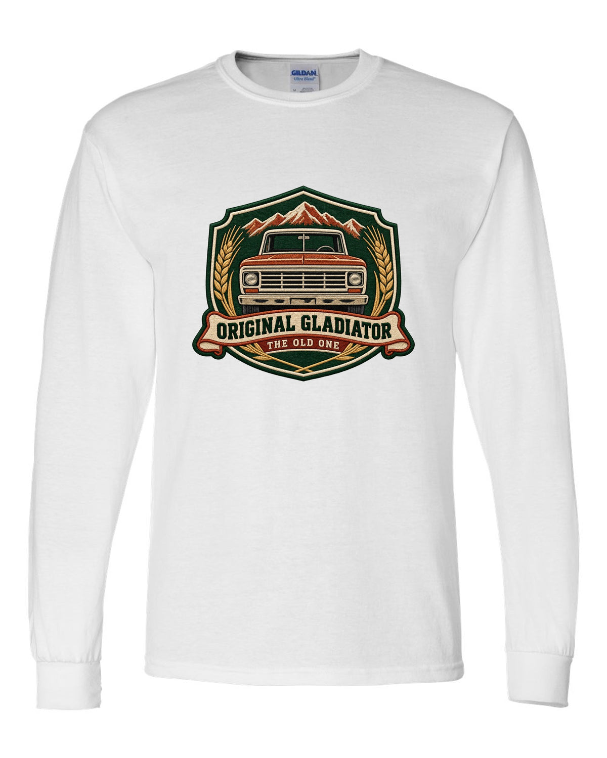 Embroidery-style shield crest print with Jeep Gladiator J-series pickup and the words The Old One white long sleeve front view with the design