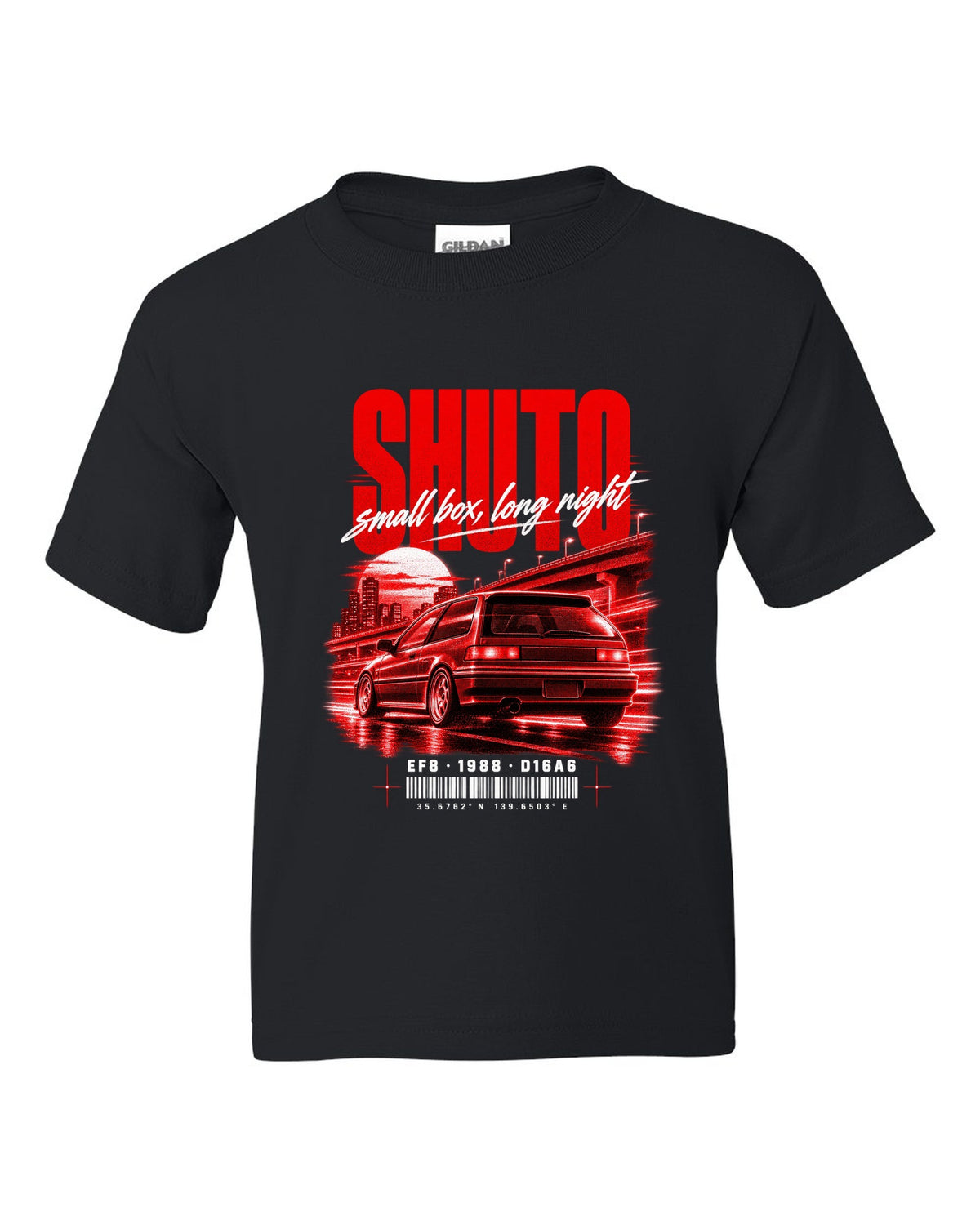 Street poster print for the 1988 Honda CRX EF8 Si with Shuto night lettering and D16A6 engine code black kids tee front view with the design