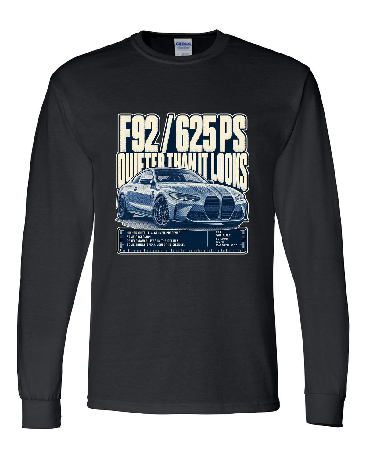BMW M8 Competition F92 halftone statement print on a tee black long sleeve front view with the design