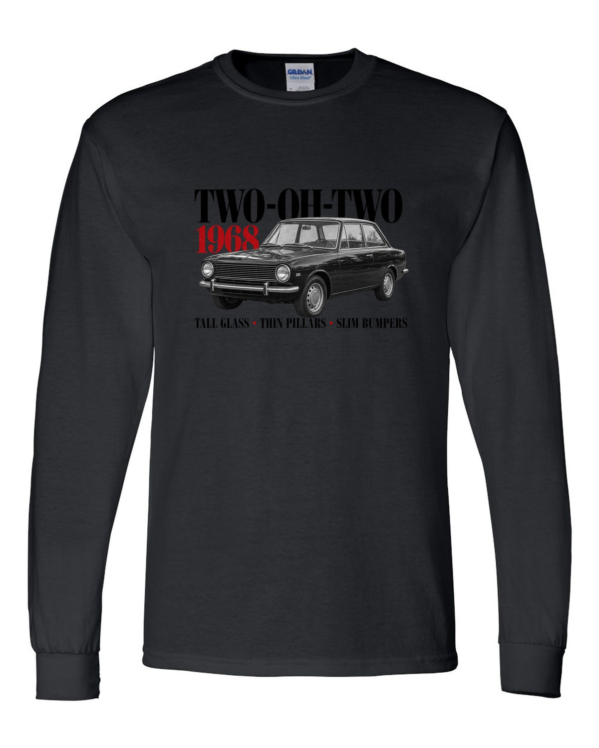 BMW 2002 editorial print with Two-Oh-Two 1968 headline and design details black long sleeve front view with the design