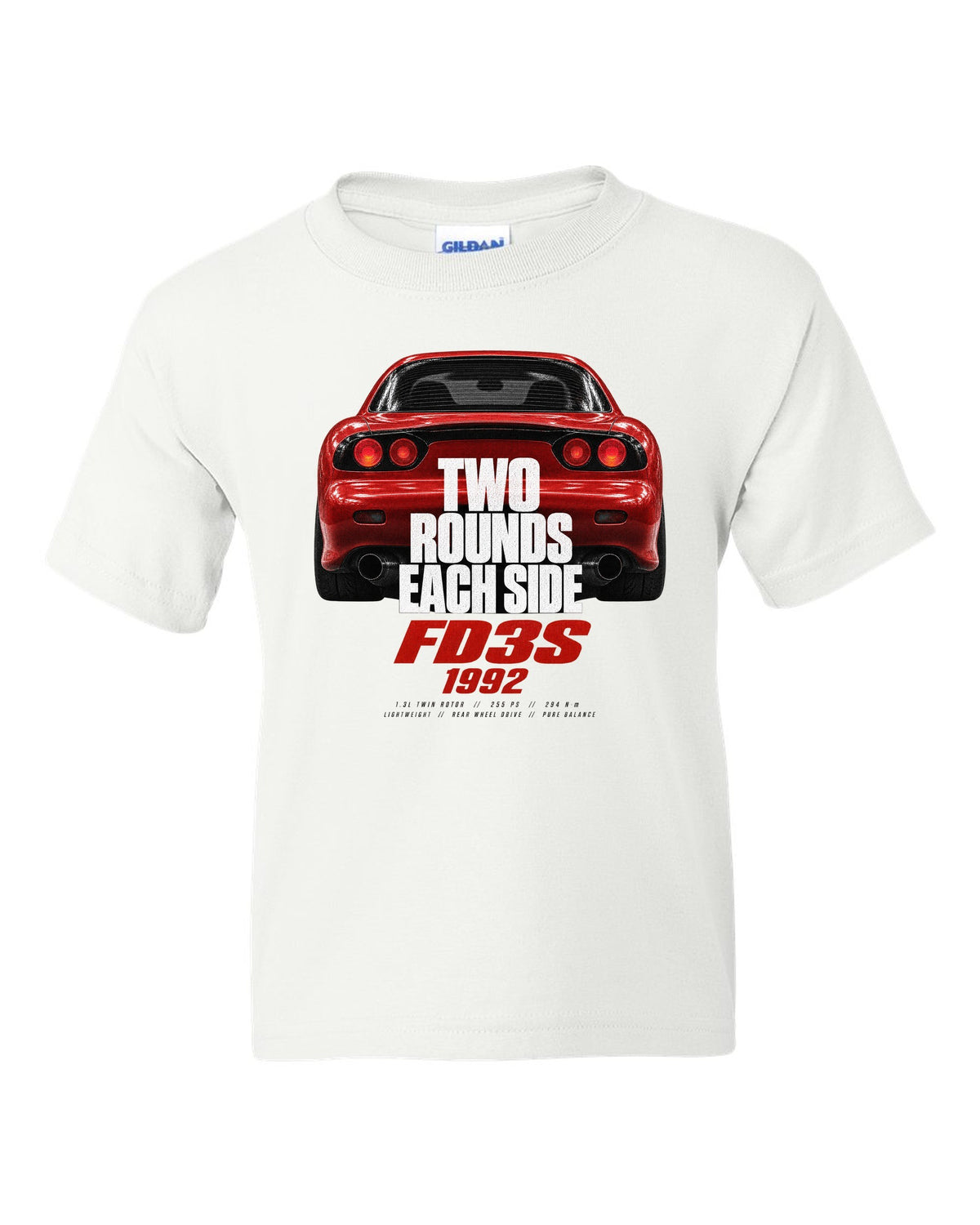 Taillight macro print of a Mazda RX-7 FD3S with round lamps white kids tee front view with the design