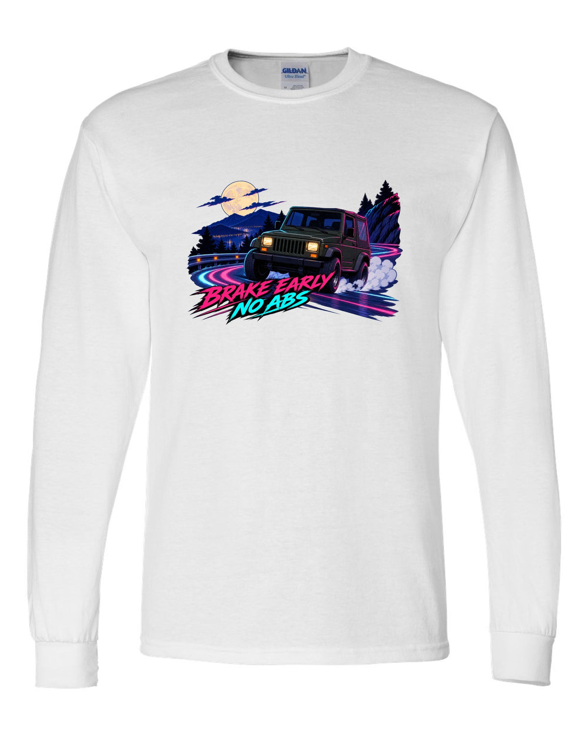 Cel-shaded anime night touge print of a Jeep Wrangler YJ with no ABS text white long sleeve front view with the design