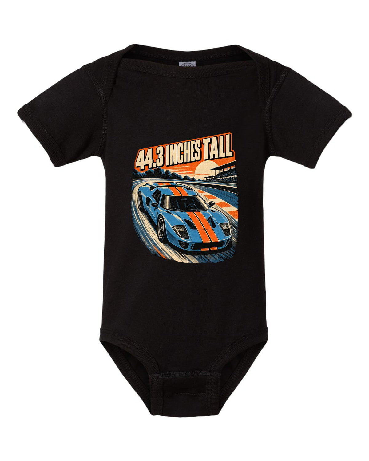 Ford GT 2005 overhead in a retro 1960s Le Mans poster print black baby onesie front view with the design