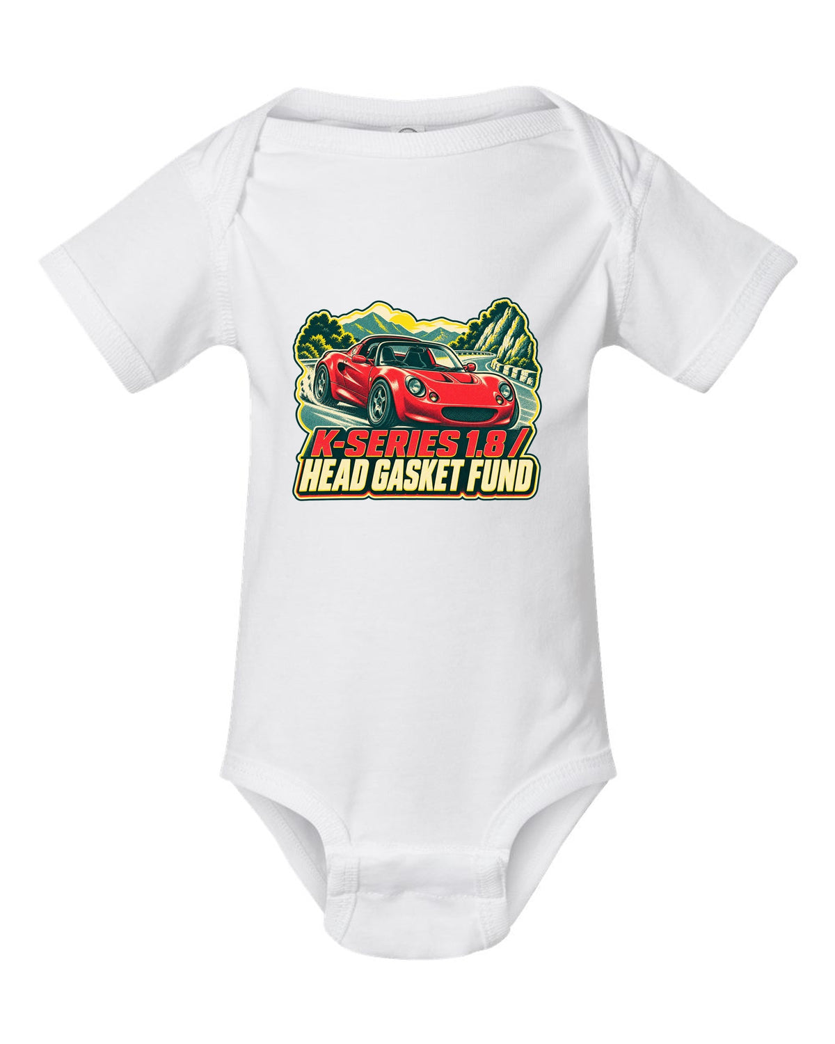 Lotus Elise S1 risograph print with K-Series 1.8 head gasket fund lettering white baby onesie front view with the design