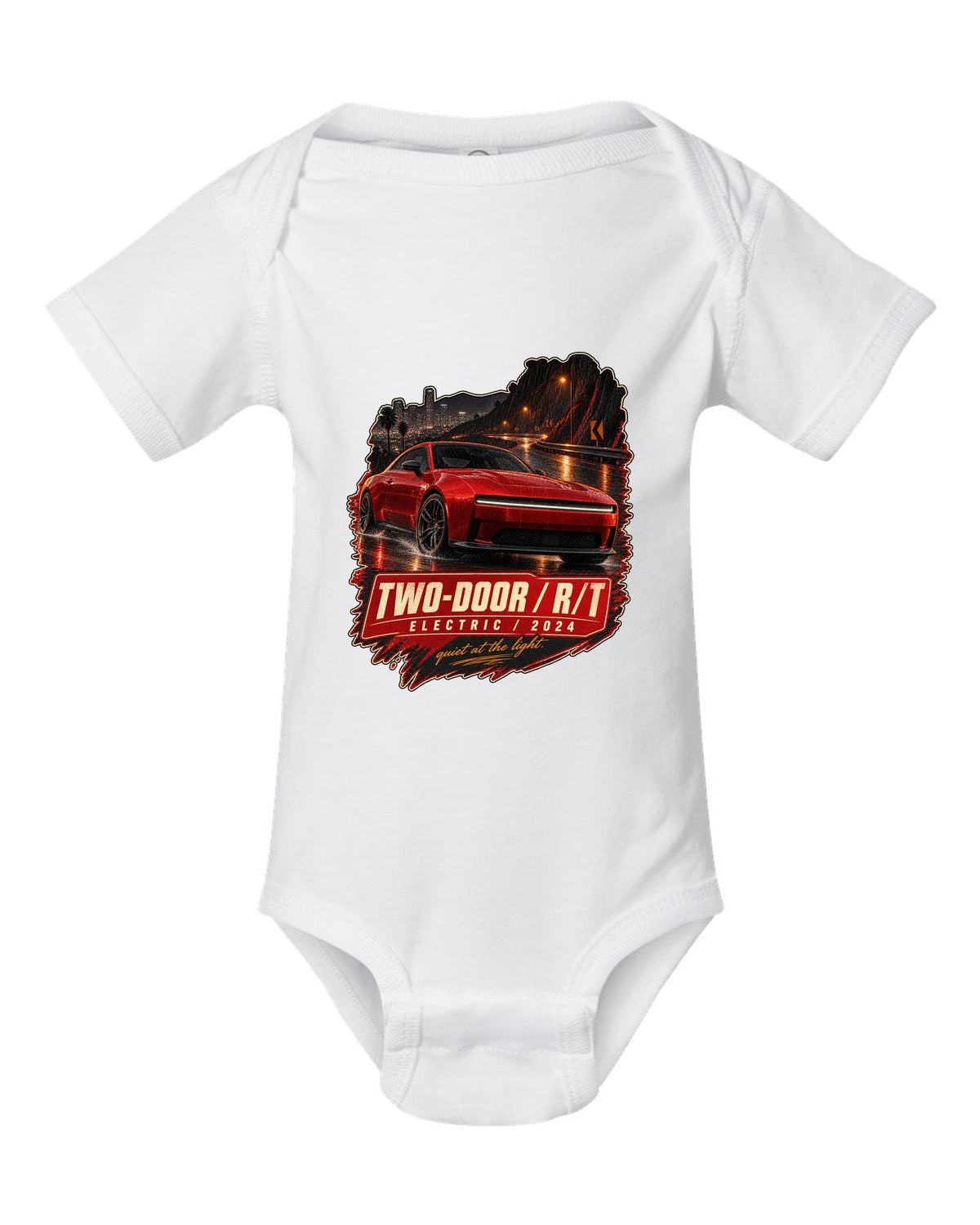 print of a 2024 Dodge Charger Daytona R/T on a night street white baby onesie front view with the design