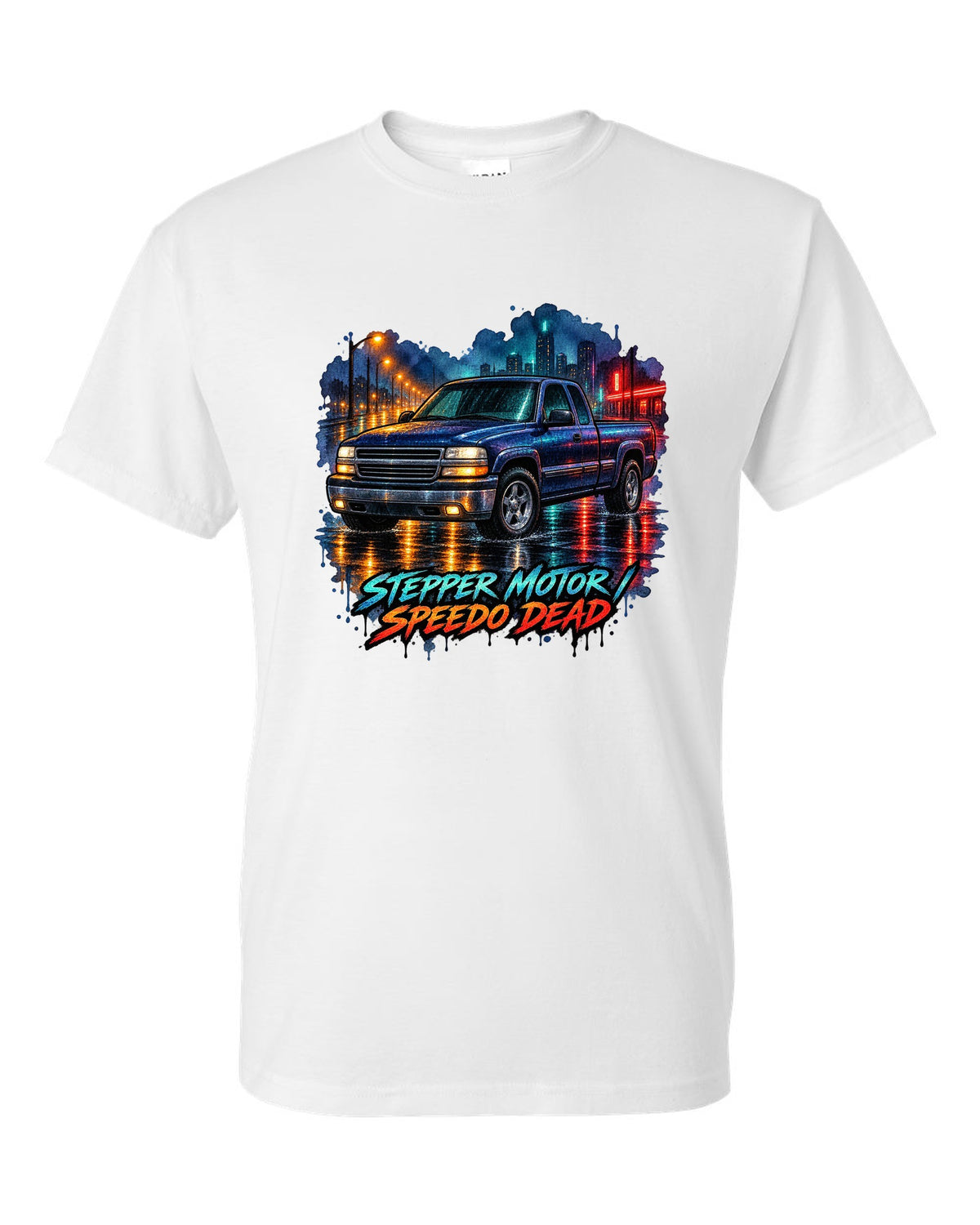 Watercolor wet-road night print of a 1999-2006 Chevrolet GMT800 NBS Silverado with stepper motor speedo dead lettering white t-shirt front view with the design