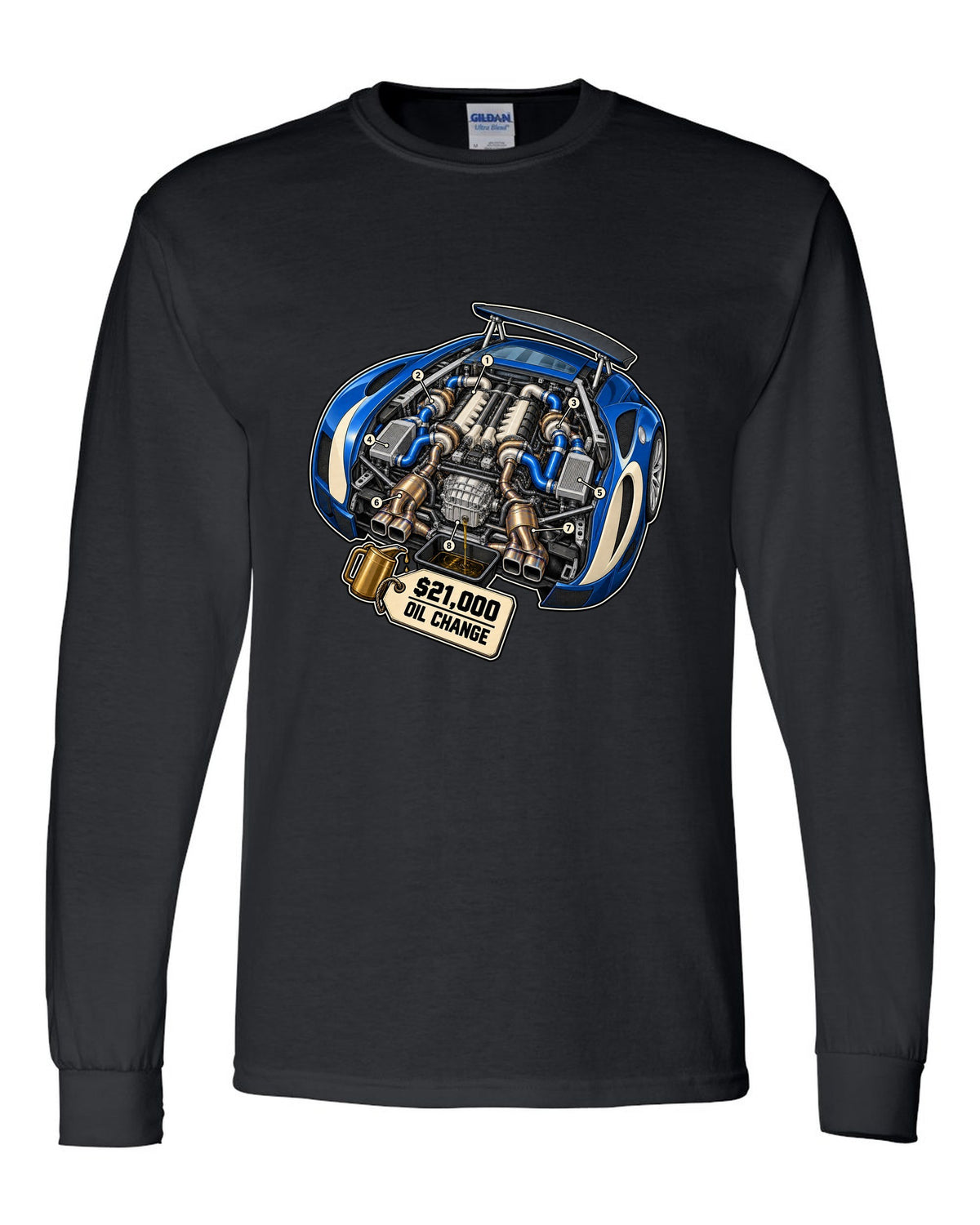 Exploded cutaway diagram print of the Bugatti Veyron 16.4 W16 engine with oil change lettering black long sleeve front view with the design
