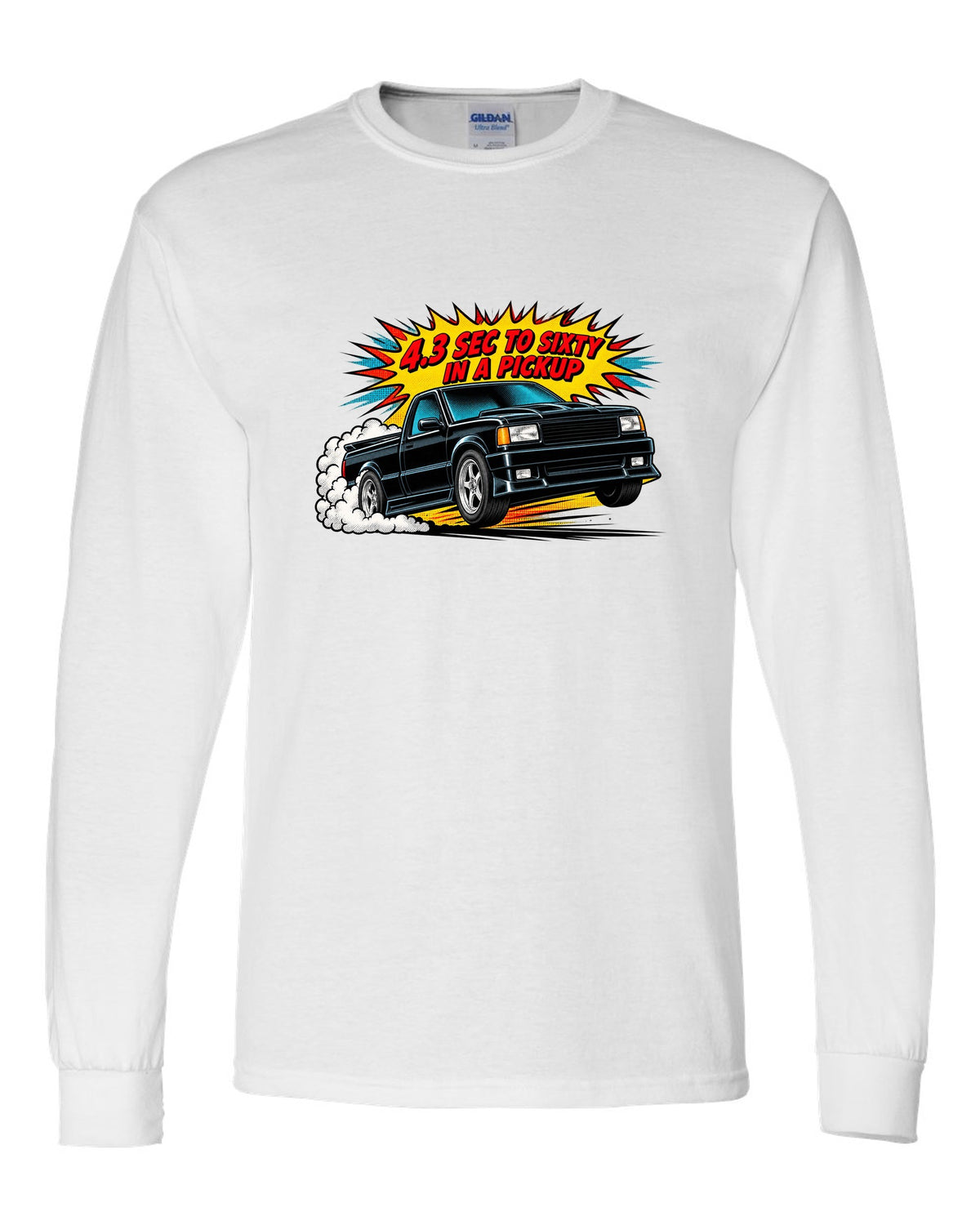 Comic halftone pop-art launch burst print of a 1991 GMC Syclone with 4.3 sec to sixty text white long sleeve front view with the design