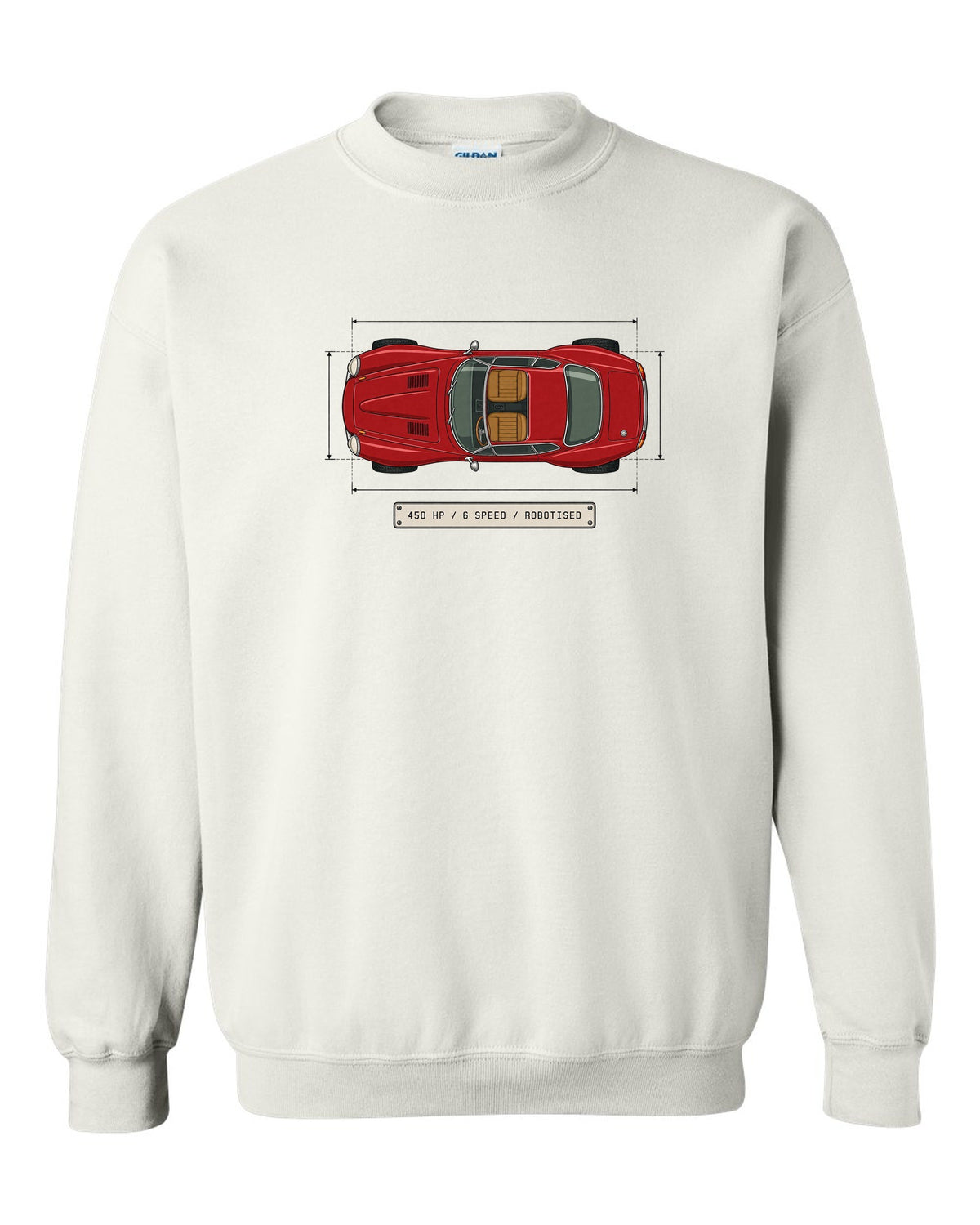 Spec sheet data plate for an Alfa Romeo 8C Competizione with 450 HP 6 speed robotised white crewneck front view with the design