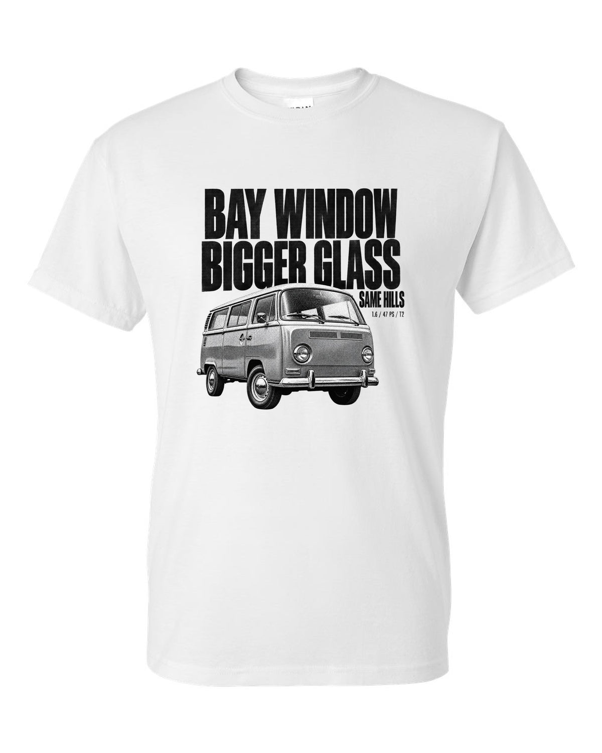 Halftone print of a VW T2 Bay Window bus front three-quarter with bigger glass same hills text white t-shirt front view with the design