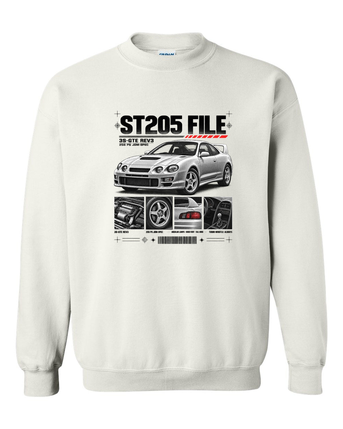 Dossier panel print of a Toyota Celica GT-Four ST205 with 3S-GTE Rev3 and 255 PS text white crewneck front view with the design