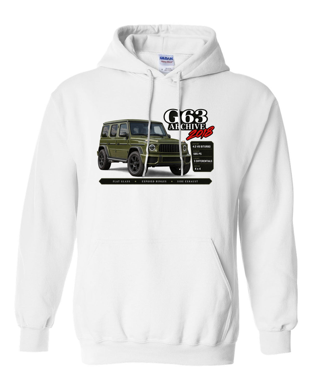 Archive panel print of a Mercedes-AMG G63 W464 with G63 Archive 2018 lettering white pull over hoodie front view with the design