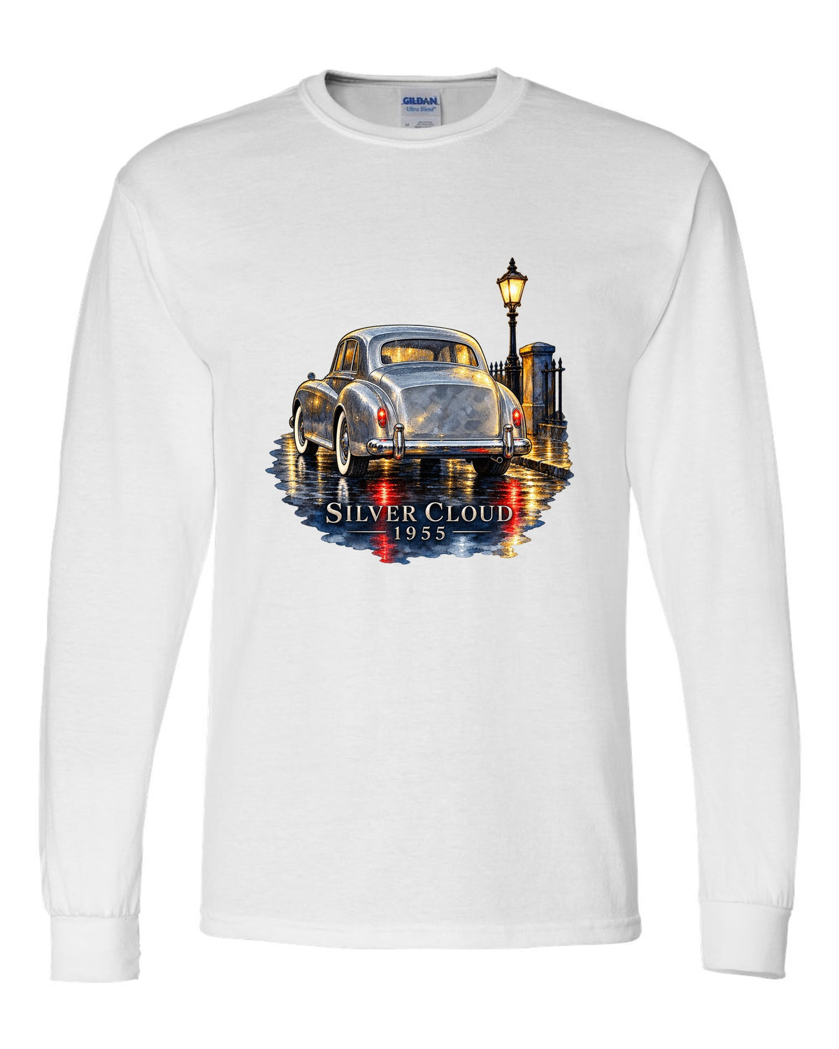 Watercolour painting of a 1955 Rolls-Royce Silver Cloud on a rainy night road with SILVER CLOUD lettering white long sleeve front view with the design