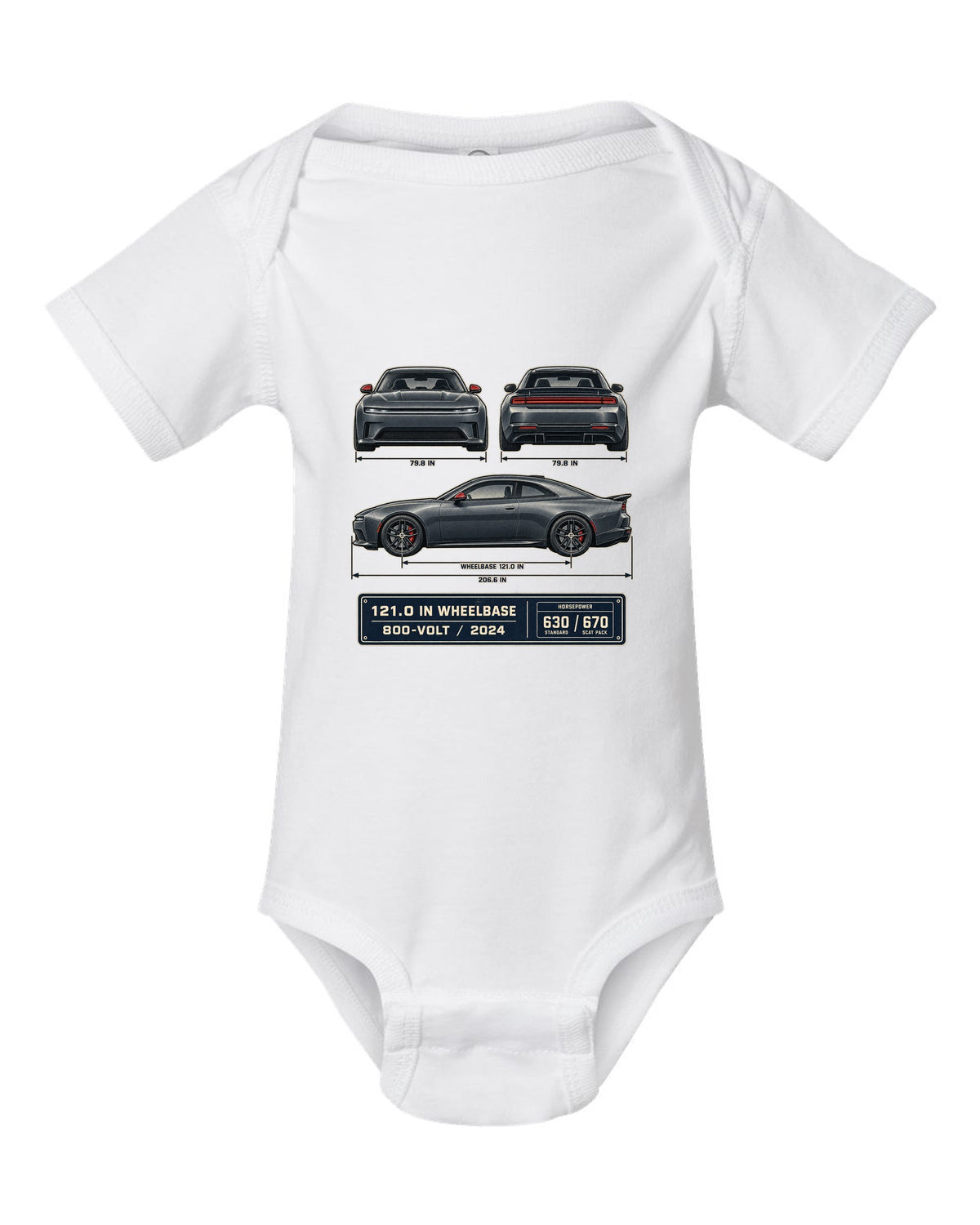 Dodge Charger Daytona Scat Pack 2024 dimension blueprint print white baby onesie front view with the design