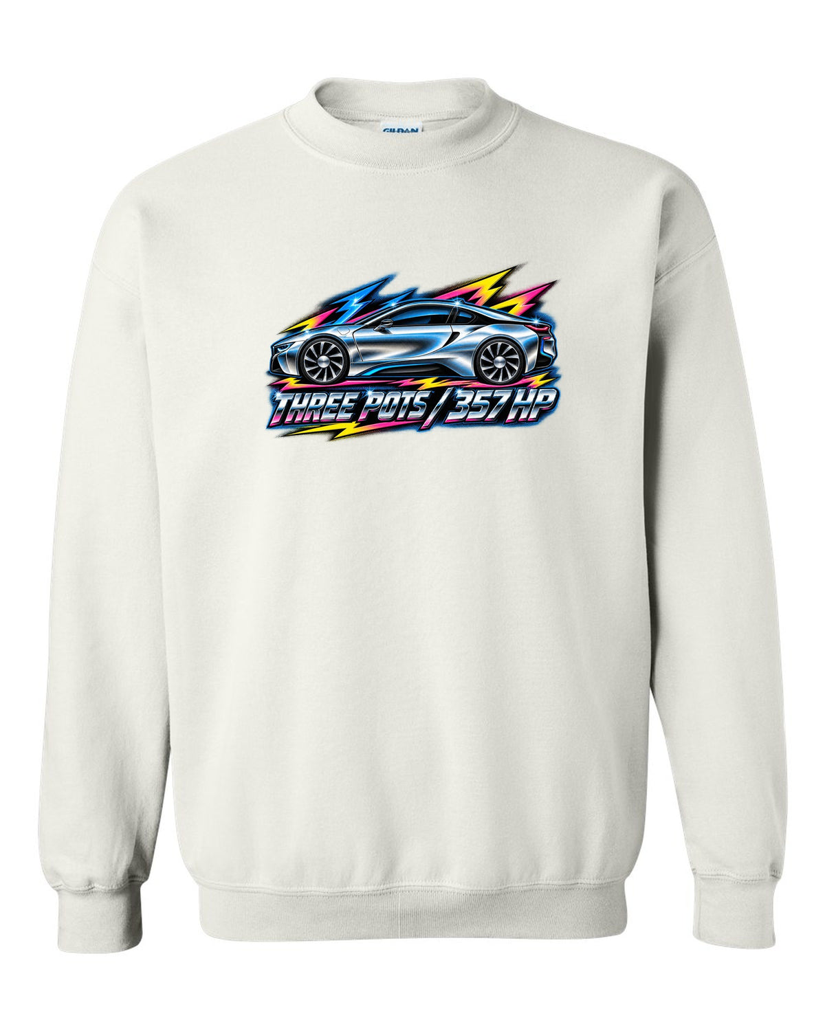 BMW i8 I12 80s airbrush chrome print with three pots 357 HP text white crewneck front view with the design