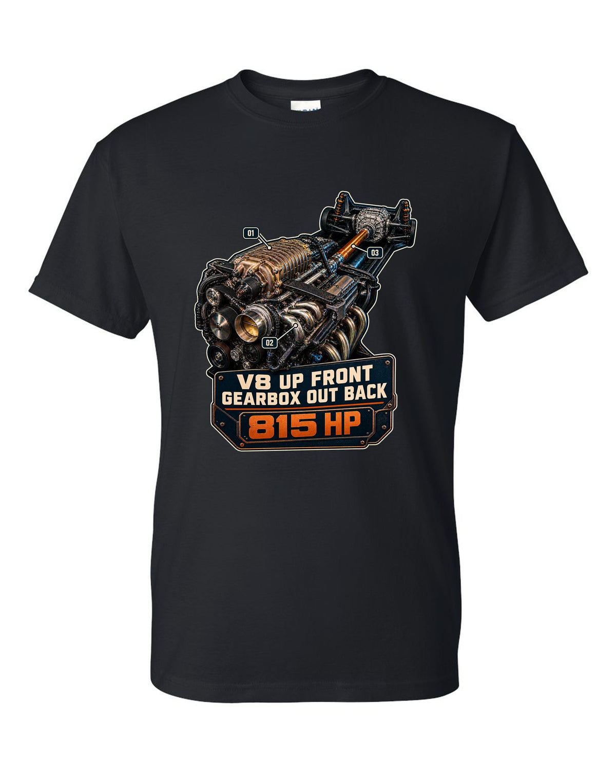 print of a Mustang GTD supercharged V8 engine with V8 up front gearbox out back text black t-shirt front view with the design