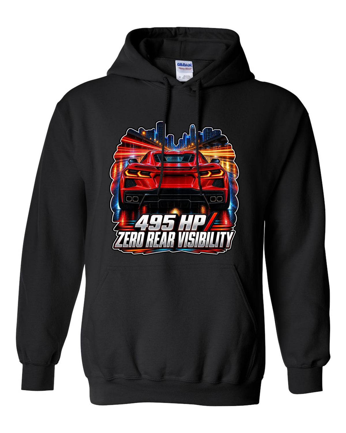 Long-exposure night poster print of a 2020 Chevrolet Corvette C8 Stingray with 495 HP zero rear visibility lettering black pull over hoodie front view with the design