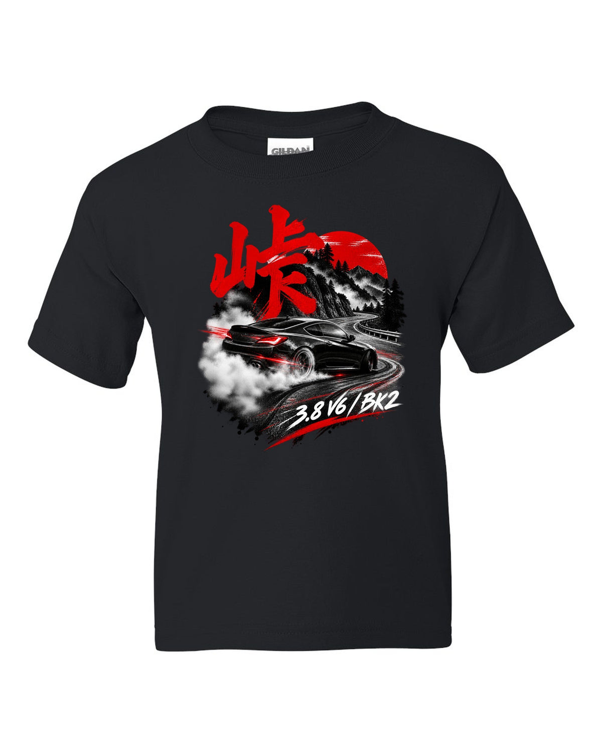 Hyundai Genesis Coupe BK2 on a mountain pass at night with kanji touge text black kids tee front view with the design