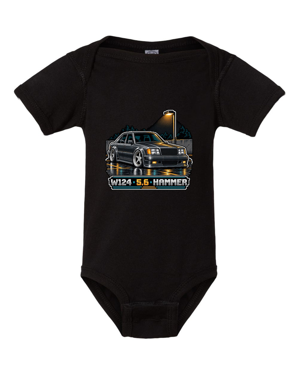 Pixel art Mercedes 300E 5.6 Hammer W124 parked in a car park black baby onesie front view with the design