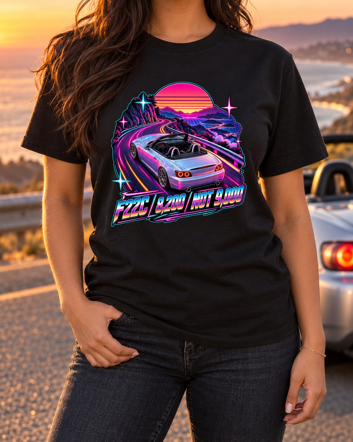 Honda S2000 AP2 F22C Neon Synthwave Tee, Roof Off Summit T-Shirt Black worn hero