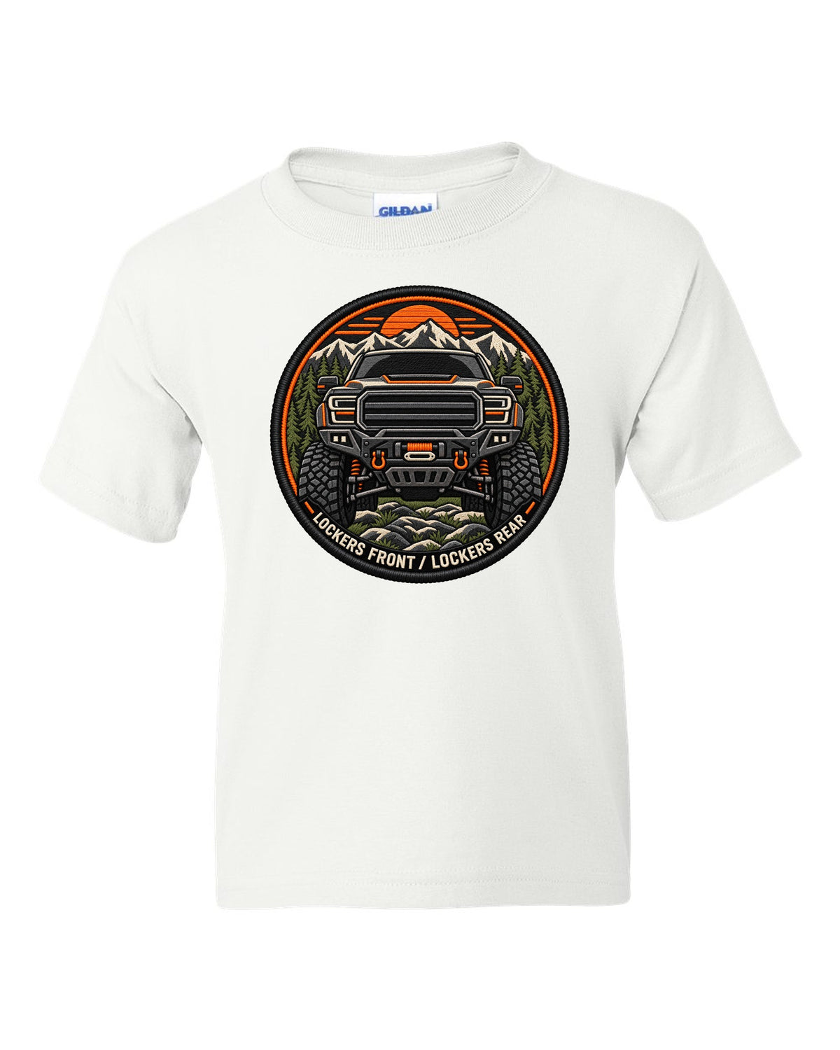 Embroidery-style patch print of a Ram 2500 Power Wagon grille with locker text white kids tee front view with the design