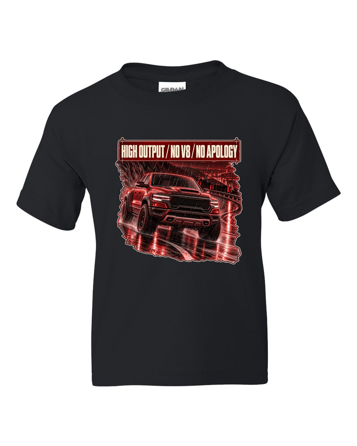 Ram 1500 RHO 2025 night street poster print black kids tee front view with the design